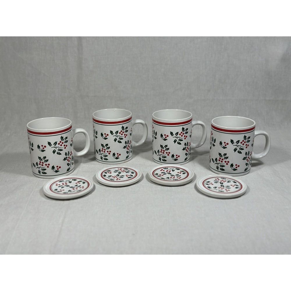 Vintage Woolworth 8 piece Holly Berry Stoneware Mug Set With Coaster/Warming Lid